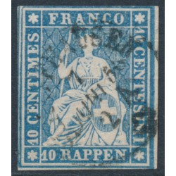 SWITZERLAND - 1858 10Rp blue Helvetia (red thread, late Bern), used – Zumstein # 23Cd