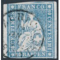 SWITZERLAND - 1859 10Rp pale blue Helvetia (green thread, late Bern), used – Zumstein # 23Gb