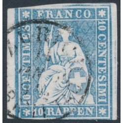 SWITZERLAND - 1859 10Rp pale blue Helvetia (green thread, late Bern), used – Zumstein # 23Gb