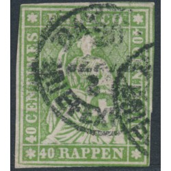 SWITZERLAND - 1860 40Rp yellowish green Helvetia (green thread, late Bern), used – Zumstein # 26Ga