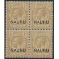 NAURU - 1916 1/- brown Great Britain KGV o/p NAURU, block of 4, MNH – SG # 12