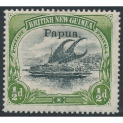 PAPUA / BNG - 1907 ½d black/yellow-green Lakatoi, vertical rosettes, o/p small Papua, MH – SG # 38